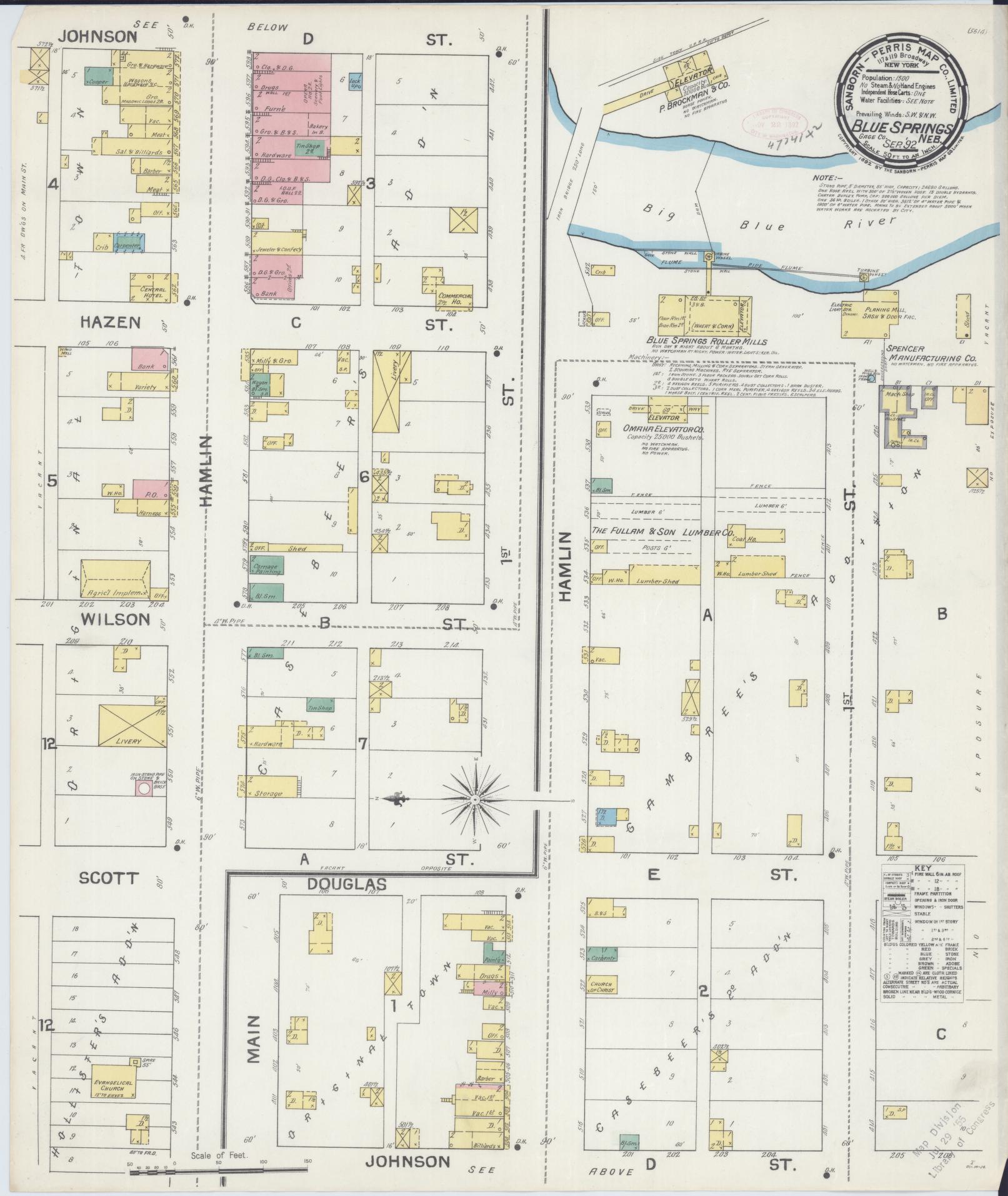 Sanborn Fire Insurance Map from Blue Springs, Gage County, Nebraska (1892), Sheet #0001 - Historic Sanborn Fire Insurance Map Print, vintage old map wall art, antique decor, genealogy gift, Nebraska Nebraska map
