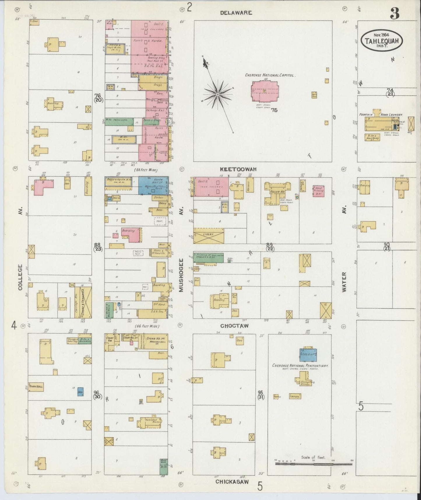 Sanborn Fire Insurance Map from Tahlequah, Cherokee County, Oklahoma (1904), Sheet #0003 - Historic Sanborn Fire Insurance Map Print, vintage old map wall art, antique decor, genealogy gift, Oklahoma Oklahoma map