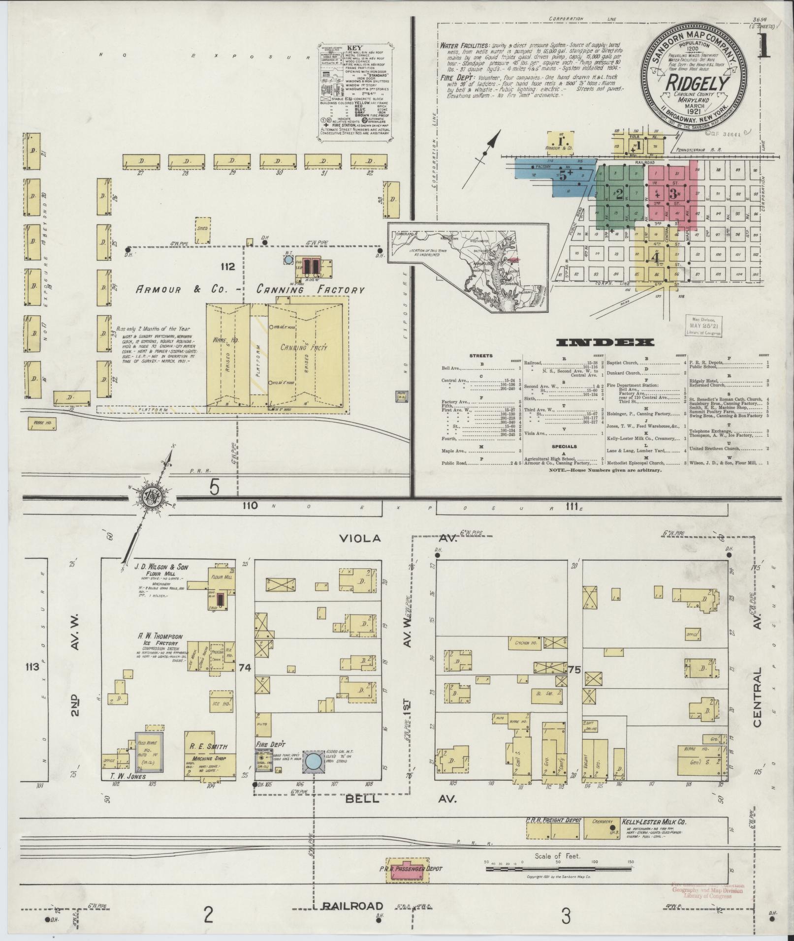Sanborn Fire Insurance Map from Ridgely, Caroline County, Maryland (1921), Sheet #0001 - Historic Sanborn Fire Insurance Map Print, vintage old map wall art, antique decor, genealogy gift, Maryland Maryland map