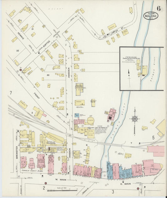 Sanborn Fire Insurance Map from Malone, Franklin County, New York (1914), Sheet #0006 - Historic Sanborn Fire Insurance Map Print, vintage old map wall art, antique decor, genealogy gift, New York New York map