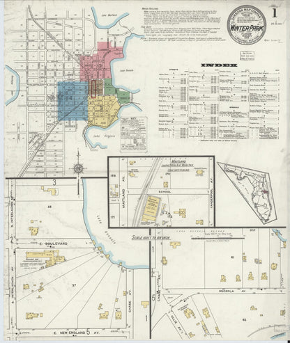 Sanborn Fire Insurance Map from Winter Park, Orange County, Florida (1919), Sheet #0001 - Historic Sanborn Fire Insurance Map Print, vintage old map wall art, antique decor, genealogy gift, Florida Florida map
