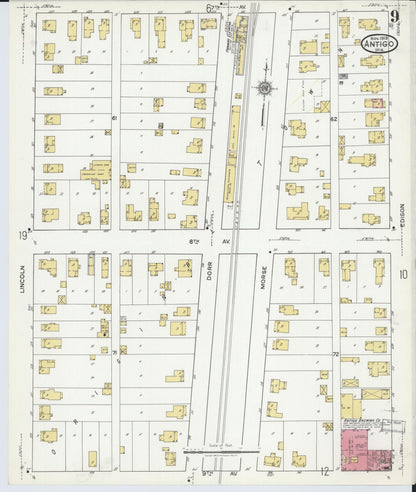Sanborn Fire Insurance Map from Antigo, Langlade County, Wisconsin (1919), Sheet #0009 - Historic Sanborn Fire Insurance Map Print, vintage old map wall art, antique decor, genealogy gift, Wisconsin Wisconsin map