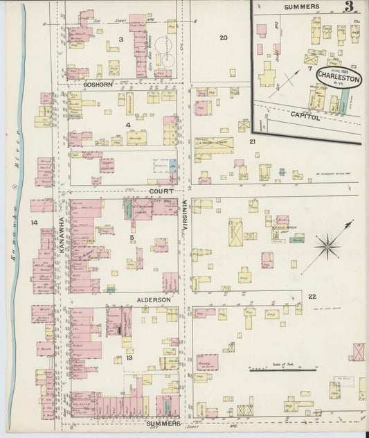 Sanborn Fire Insurance Map from Charleston, Kanawha County, West Virginia (1888), Sheet #0003 - Historic Sanborn Fire Insurance Map Print, vintage old map wall art, antique decor, genealogy gift, West Virginia West Virginia map
