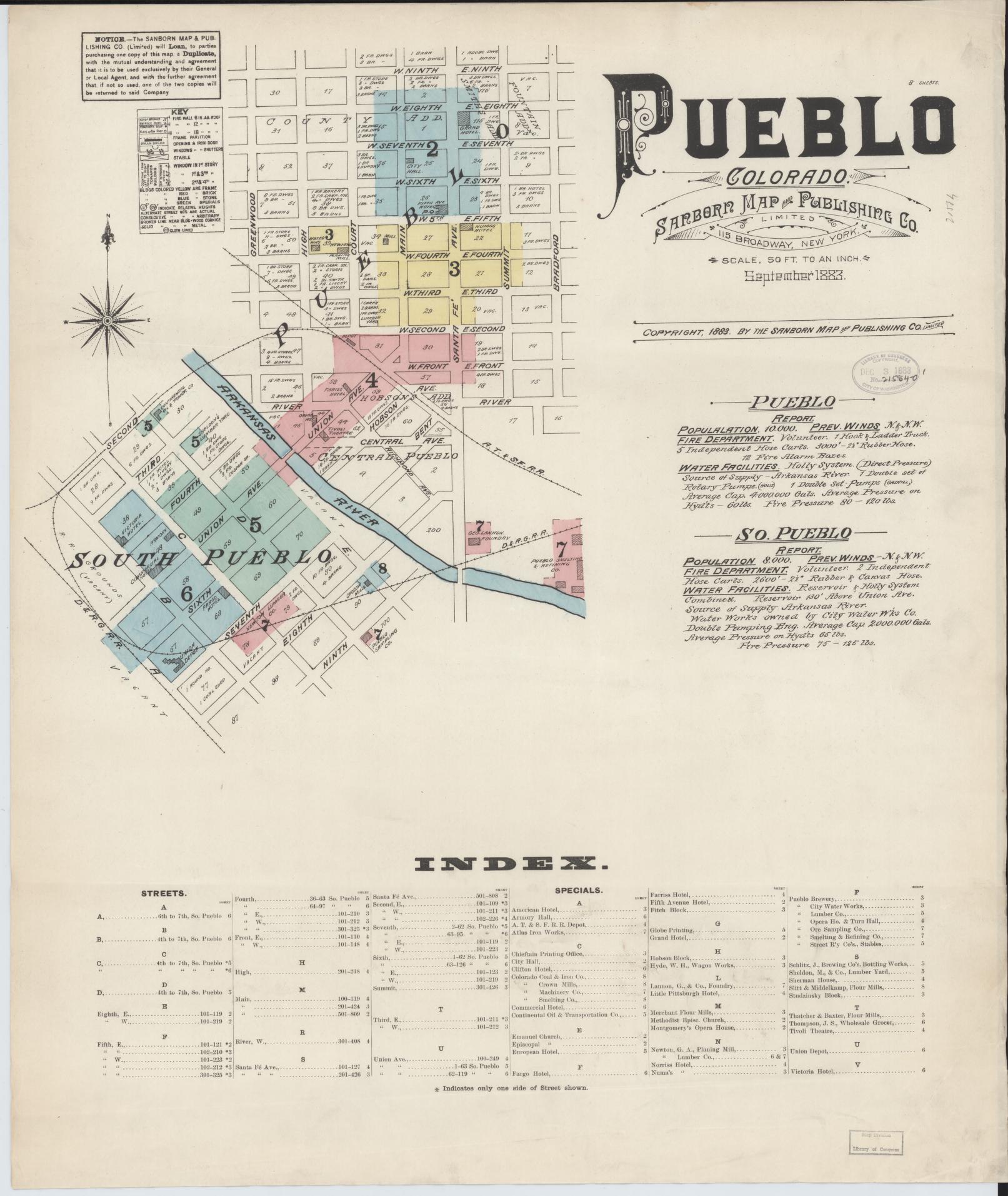Sanborn Fire Insurance Map from Pueblo, Pueblo County, Colorado (1883), Sheet #0001 - Historic Sanborn Fire Insurance Map Print, vintage old map wall art, antique decor, genealogy gift, Colorado Colorado map