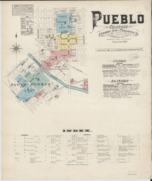 Sanborn Fire Insurance Map from Pueblo, Pueblo County, Colorado (1883), Sheet #0001 - Historic Sanborn Fire Insurance Map Print, vintage old map wall art, antique decor, genealogy gift, Colorado Colorado map