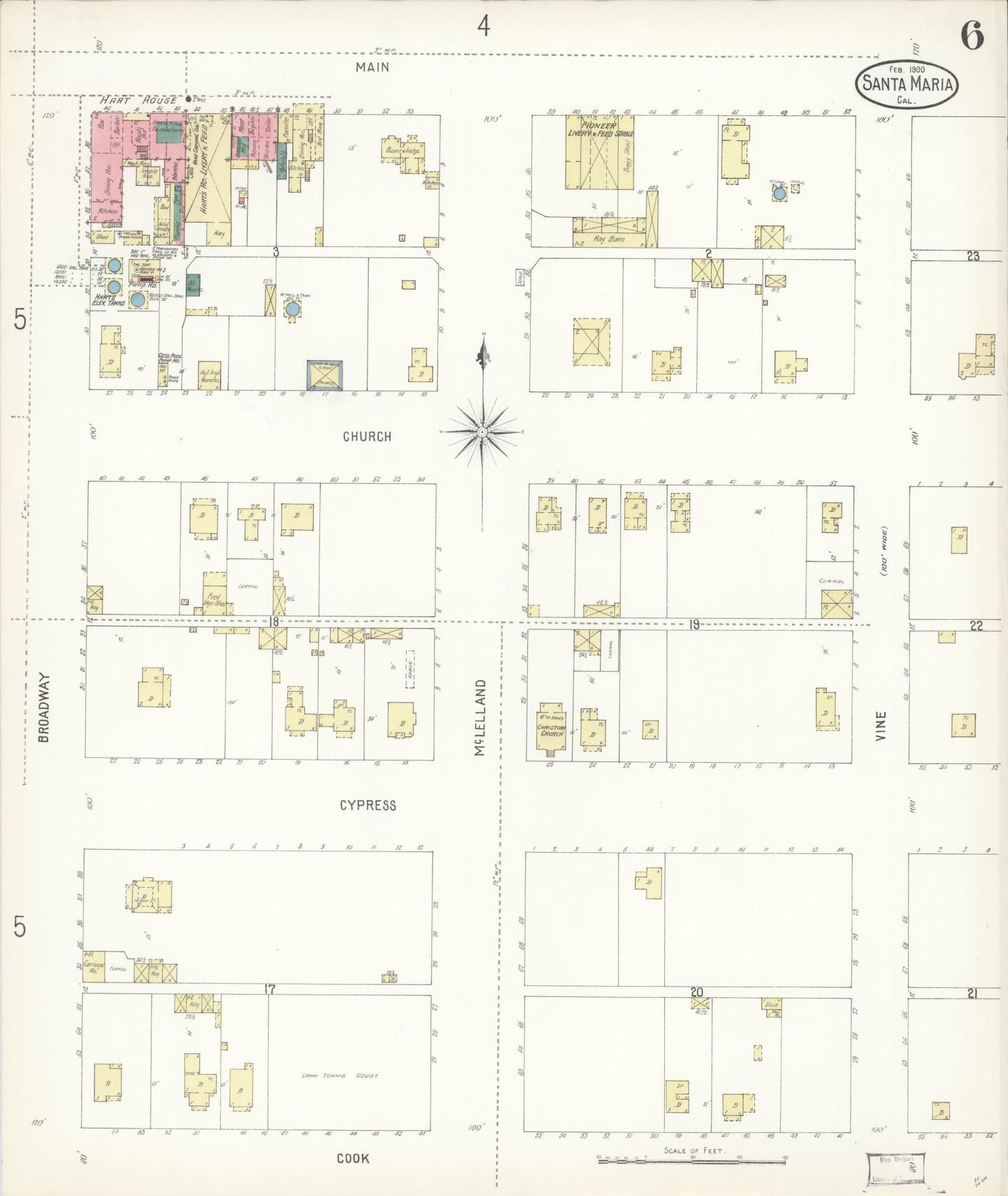 Sanborn Fire Insurance Map from Santa Maria, Santa Barbara County, California (1900), Sheet #0006 - Complete Map Set gallery image, historic Sanborn map, vintage wall art, California California
