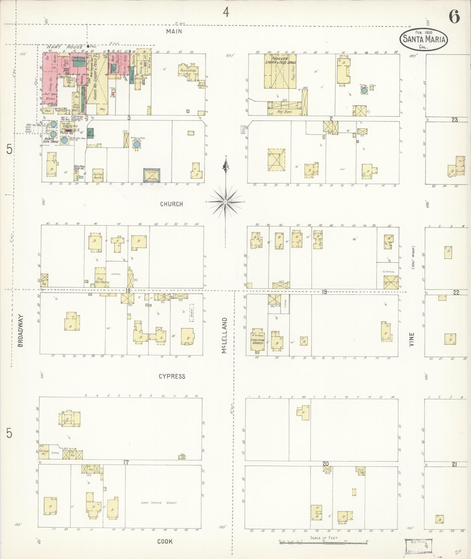 Sanborn Fire Insurance Map from Santa Maria, Santa Barbara County, California (1900), Sheet #0006 - Complete Map Set gallery image, historic Sanborn map, vintage wall art, California California