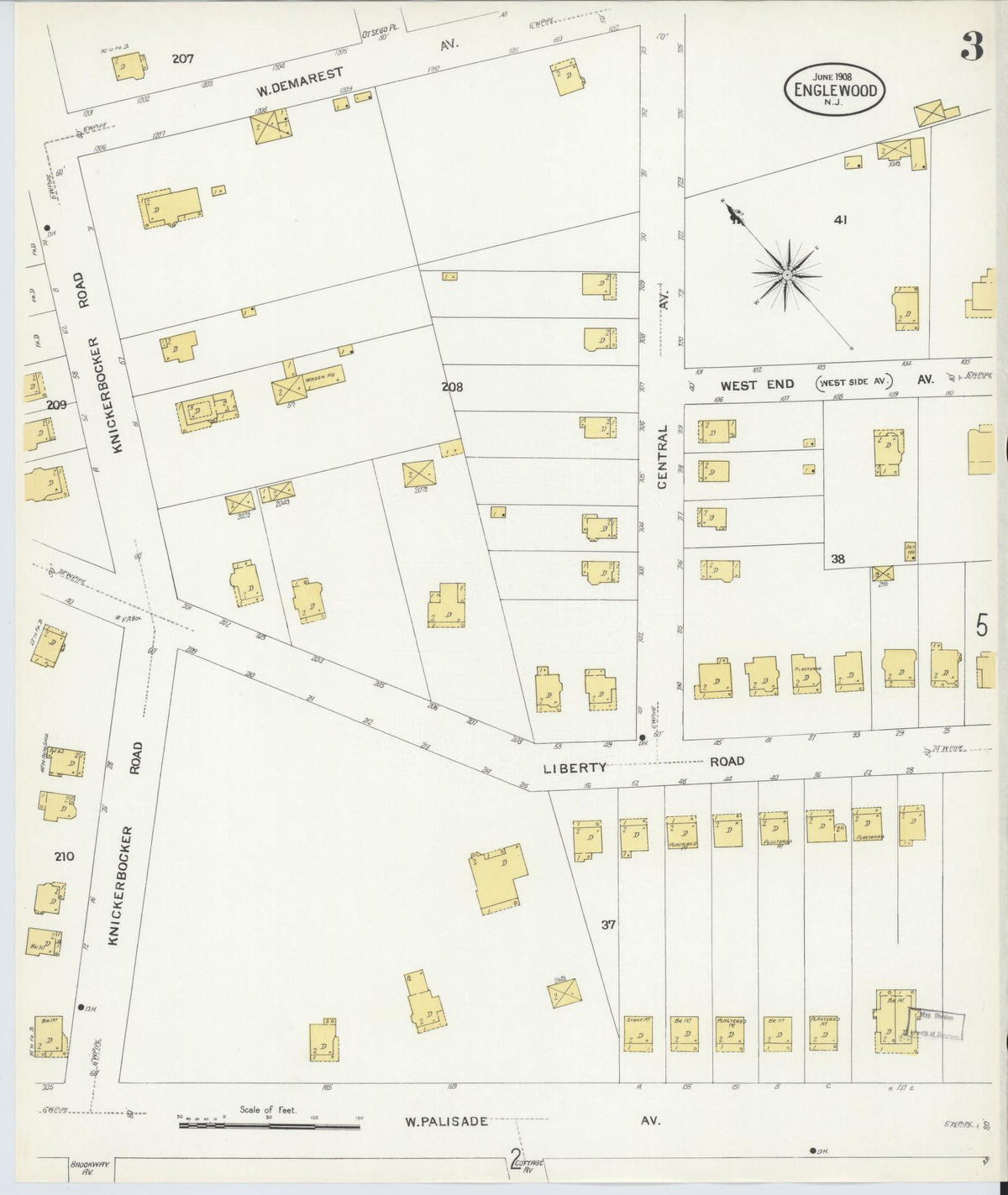 Sanborn Fire Insurance Map from Englewood, Bergen County, New Jersey (1908), Sheet #0003 - Complete Map Set gallery image, historic Sanborn map, vintage wall art, New Jersey New Jersey