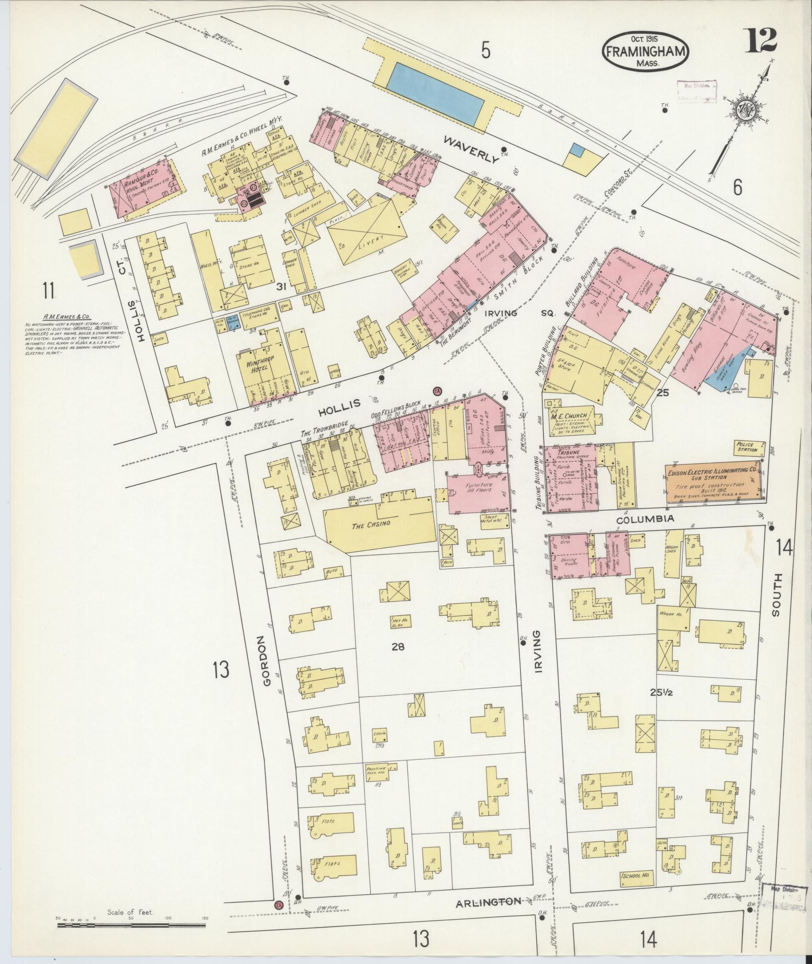 Sanborn Fire Insurance Map from Framingham, Middlesex County, Massachusetts (1915), Sheet #0012 - Historic Sanborn Fire Insurance Map Print, vintage old map wall art, antique decor, genealogy gift, Massachusetts Massachusetts map