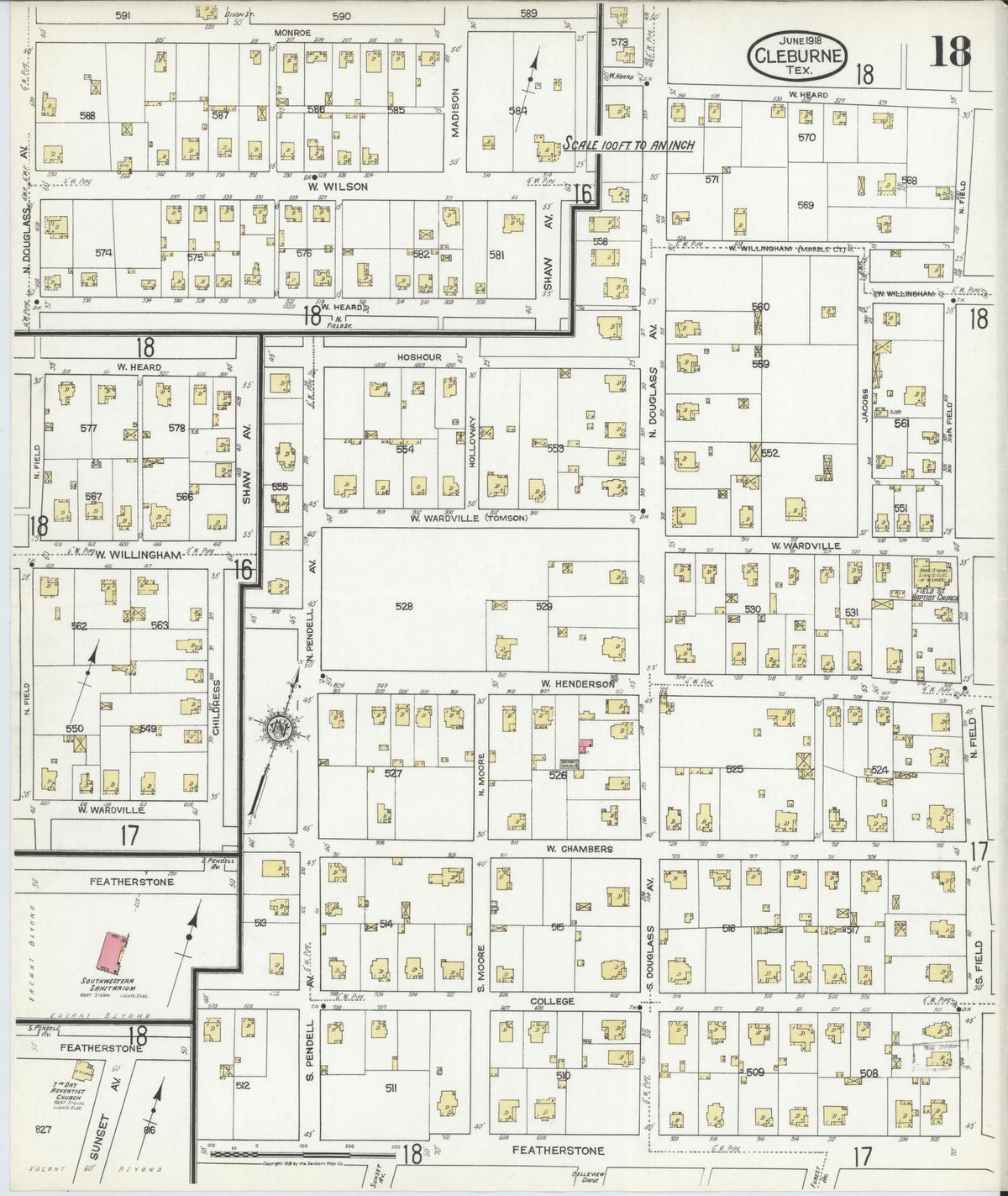 Sanborn Fire Insurance Map from Cleburne, Johnson County, Texas (1918), Sheet #0018 - Complete Map Set gallery image, historic Sanborn map, vintage wall art, Texas Texas