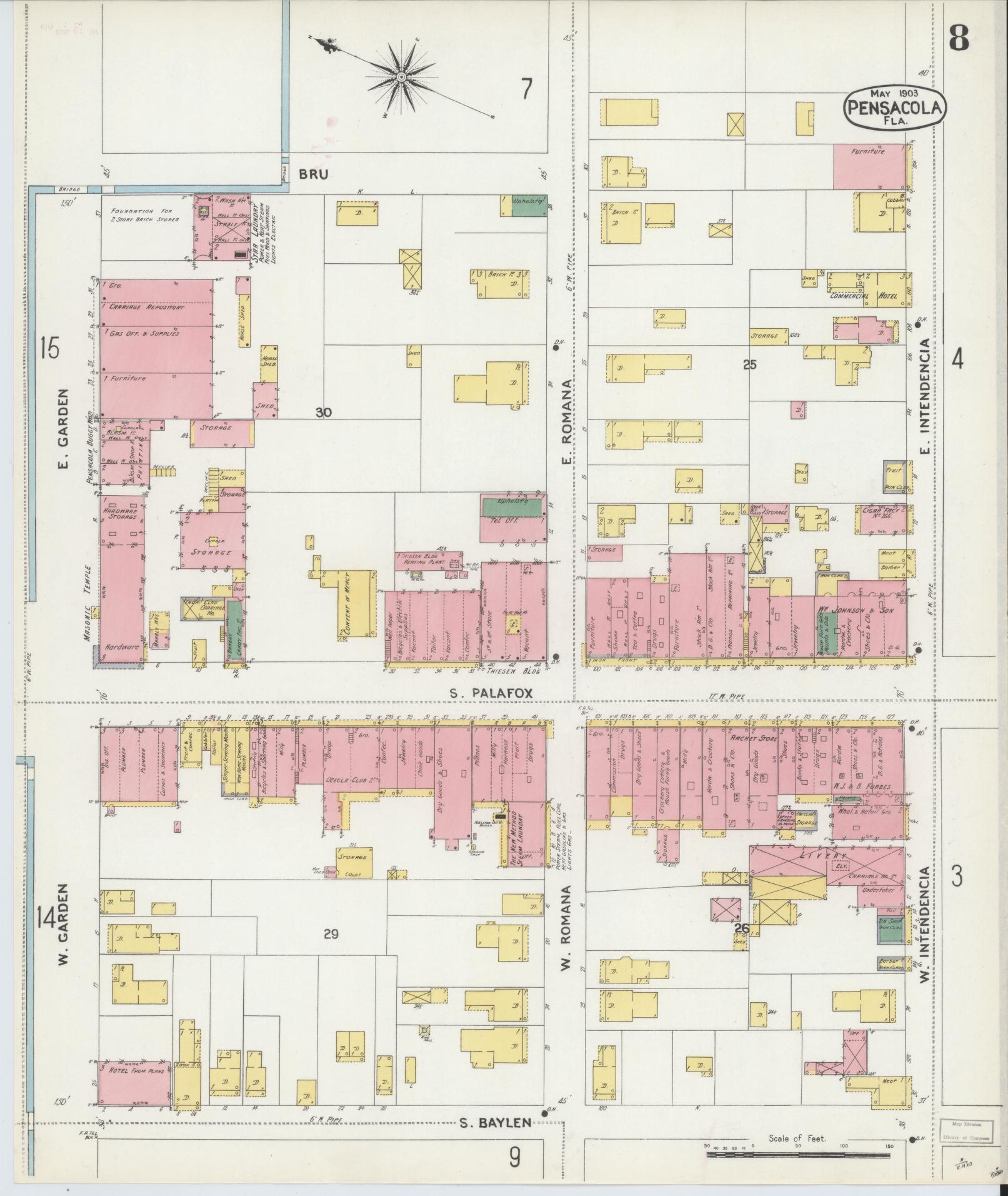 Sanborn Fire Insurance Map from Pensacola, Escambia County, Florida (1903), Sheet #0008 - Historic Sanborn Fire Insurance Map Print, vintage old map wall art, antique decor, genealogy gift, Florida Florida map
