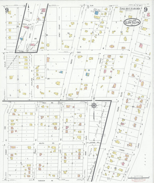 Sanborn Fire Insurance Map from Glen Ellyn, Du Page County, Illinois (1929), Sheet #0009 - Historic Sanborn Fire Insurance Map Print, vintage old map wall art, antique decor, genealogy gift, Illinois Illinois map