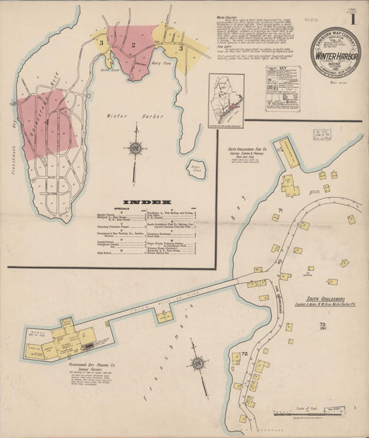 Sanborn Fire Insurance Map from Winter Harbor, Hancock County, Maine (1921), Sheet #0001 - Historic Sanborn Fire Insurance Map Print, vintage old map wall art, antique decor, genealogy gift, Maine Maine map