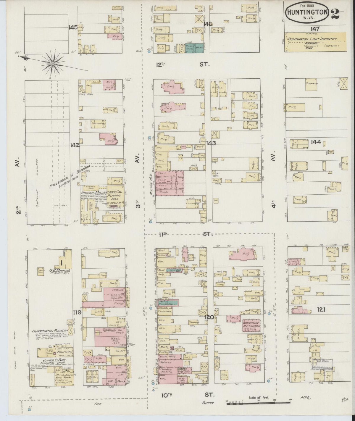 Sanborn Fire Insurance Map from Huntington, Cabell County, West Virginia (1889), Sheet #0002 - Complete Map Set gallery image, historic Sanborn map, vintage wall art, West Virginia West Virginia