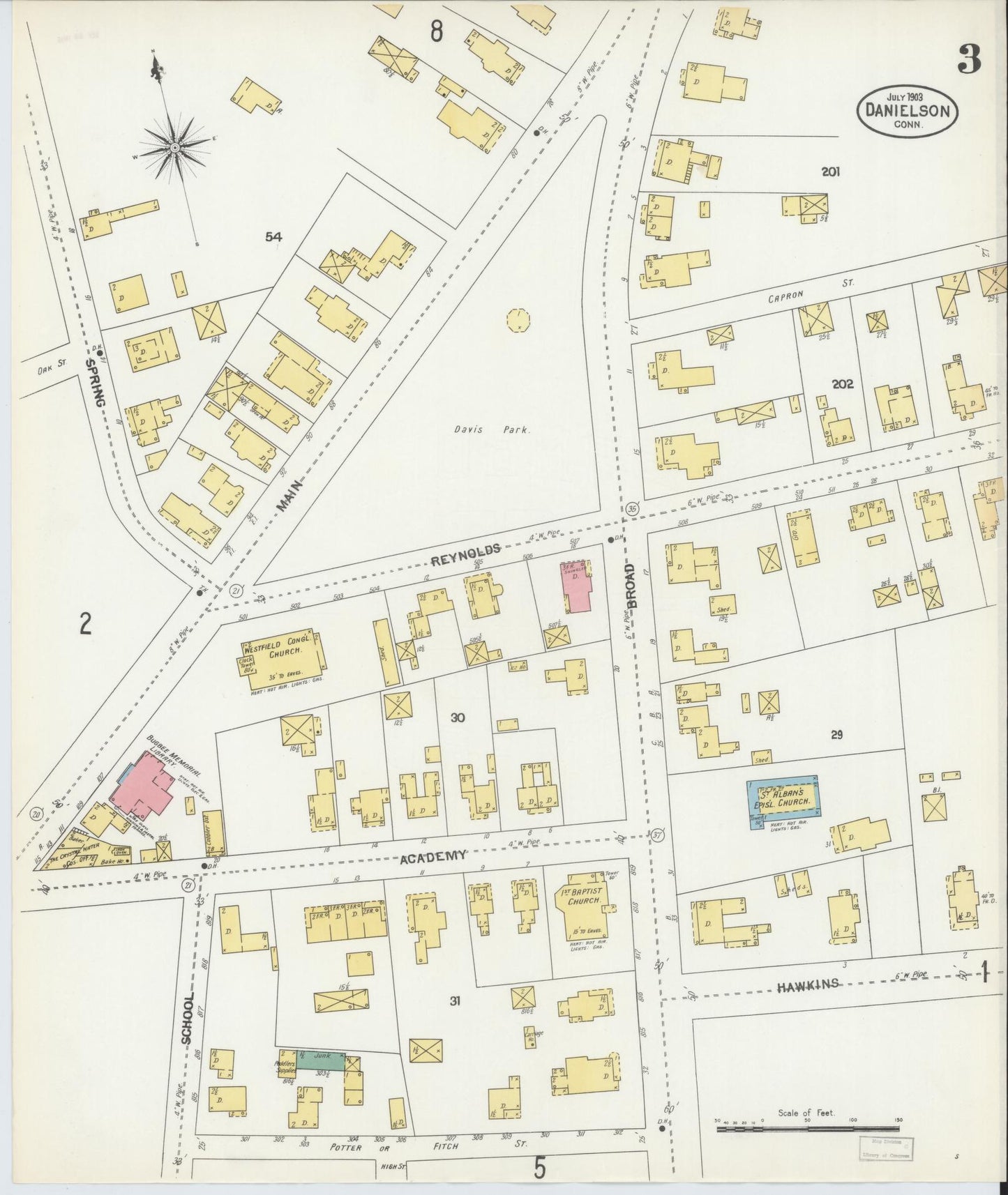 Sanborn Fire Insurance Map from Danielson, Windham County, Connecticut (1903), Sheet #0003 - Historic Sanborn Fire Insurance Map Print, vintage old map wall art, antique decor, genealogy gift, Connecticut Connecticut map