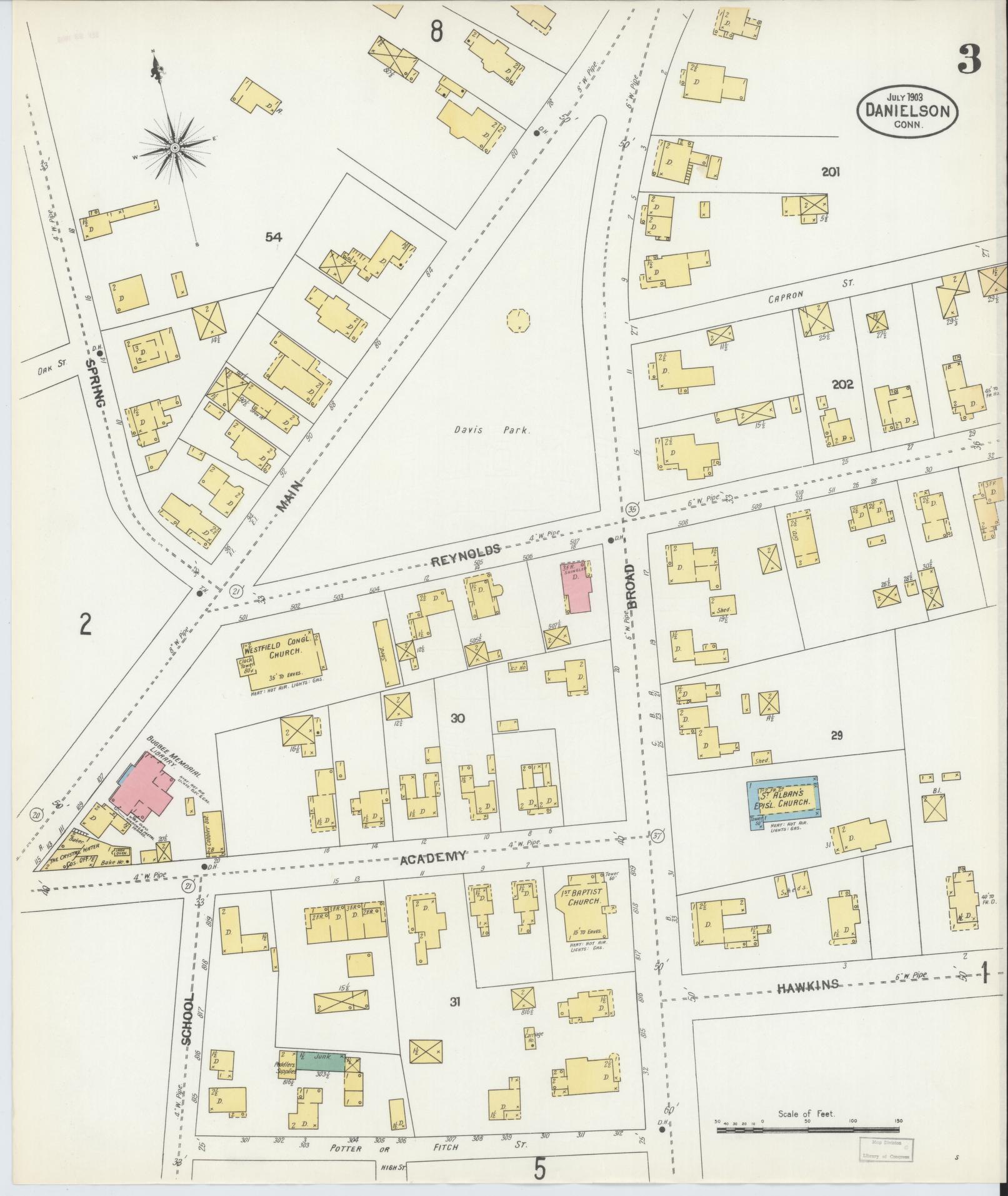 Sanborn Fire Insurance Map from Danielson, Windham County, Connecticut (1903), Sheet #0003 - Historic Sanborn Fire Insurance Map Print, vintage old map wall art, antique decor, genealogy gift, Connecticut Connecticut map