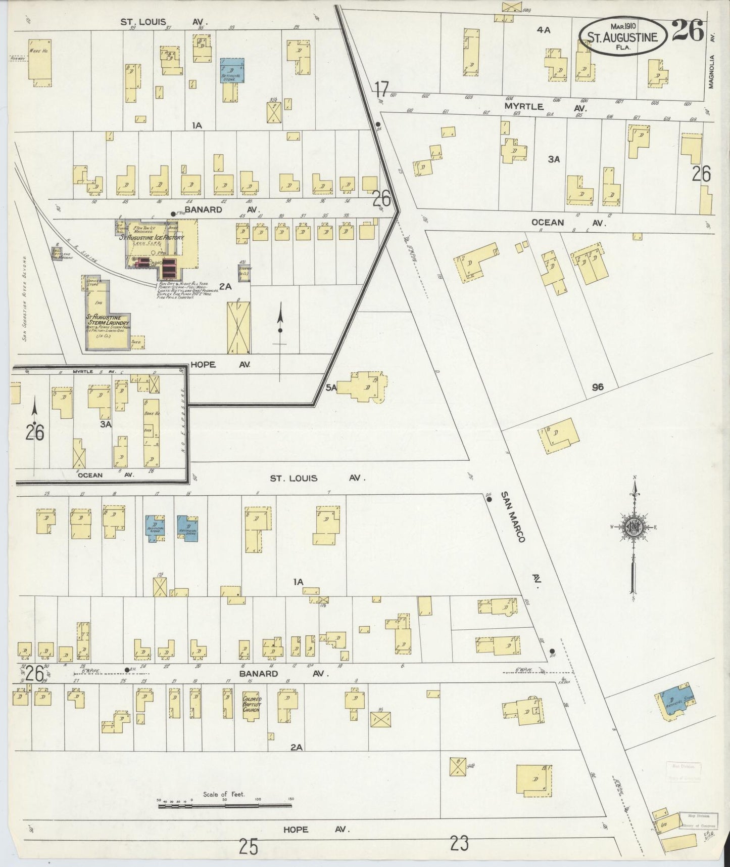 Sanborn Fire Insurance Map from Saint Augustine, Saint John's County, Florida (1910), Sheet #0026 - Historic Sanborn Fire Insurance Map Print, vintage old map wall art, antique decor, genealogy gift, Florida Florida map
