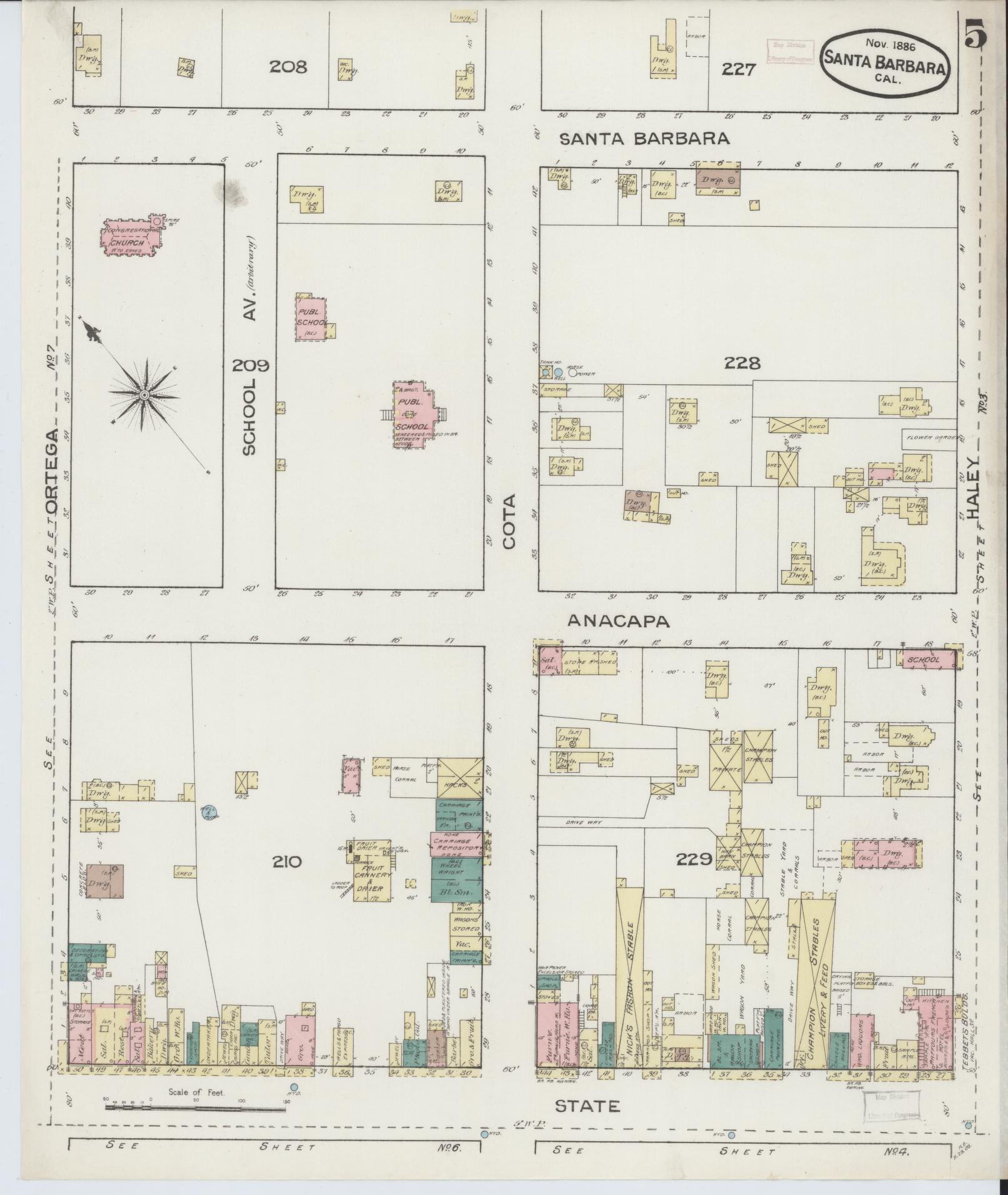 Sanborn Fire Insurance Map from Santa Barbara, Santa Barbara County, California (1886), Sheet #0005 - Complete Map Set gallery image, historic Sanborn map, vintage wall art, California California
