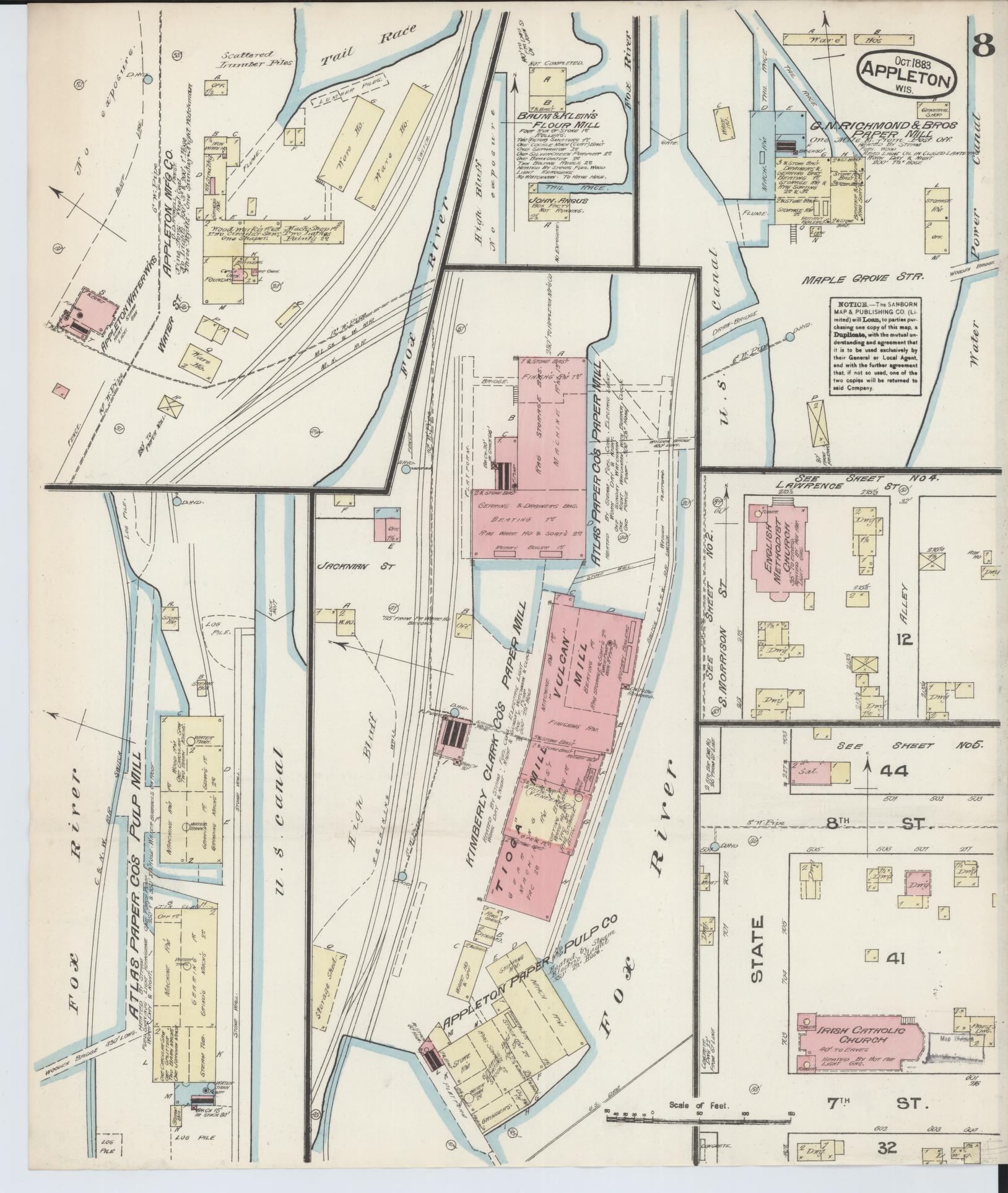 Sanborn Fire Insurance Map from Appleton, Outagamie County, Wisconsin (1883), Sheet #0008 - Historic Sanborn Fire Insurance Map Print, vintage old map wall art, antique decor, genealogy gift, Wisconsin Wisconsin map