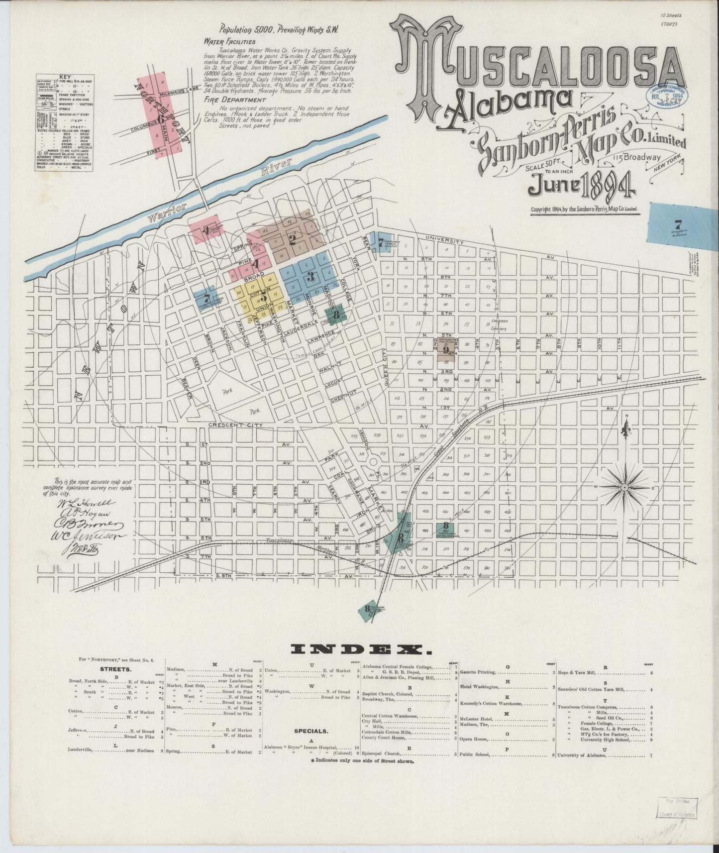 Sanborn Fire Insurance Map from Tuscaloosa, Tuscaloosa County, Alabama (1894), Sheet #0001 - Complete Map Set gallery image, historic Sanborn map, vintage wall art, Alabama Alabama