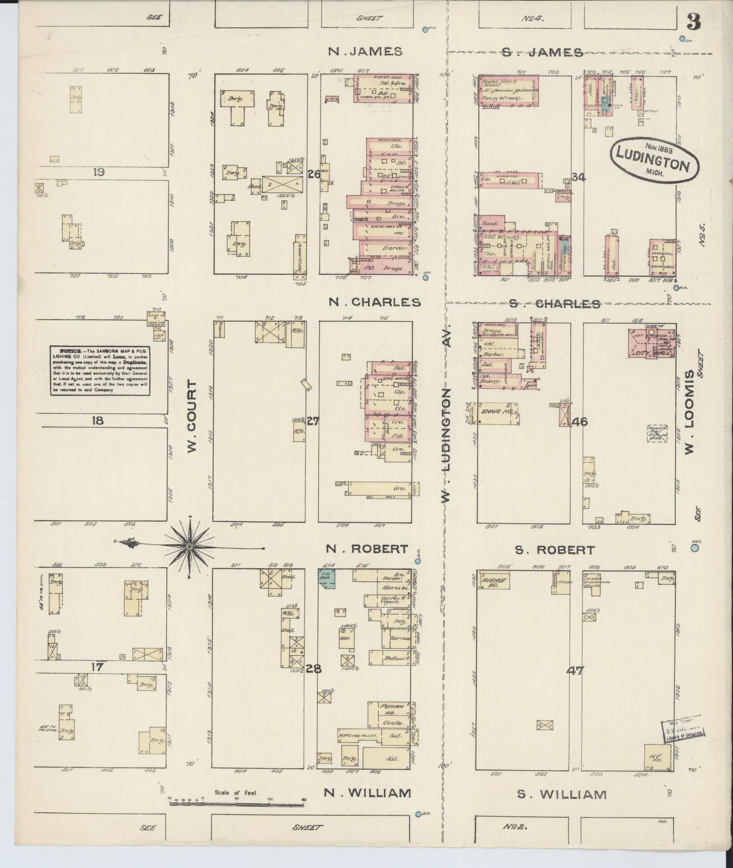 Sanborn Fire Insurance Map from Ludington, Mason County, Michigan (1883), Sheet #0003 - Historic Sanborn Fire Insurance Map Print, vintage old map wall art, antique decor, genealogy gift, Michigan Michigan map