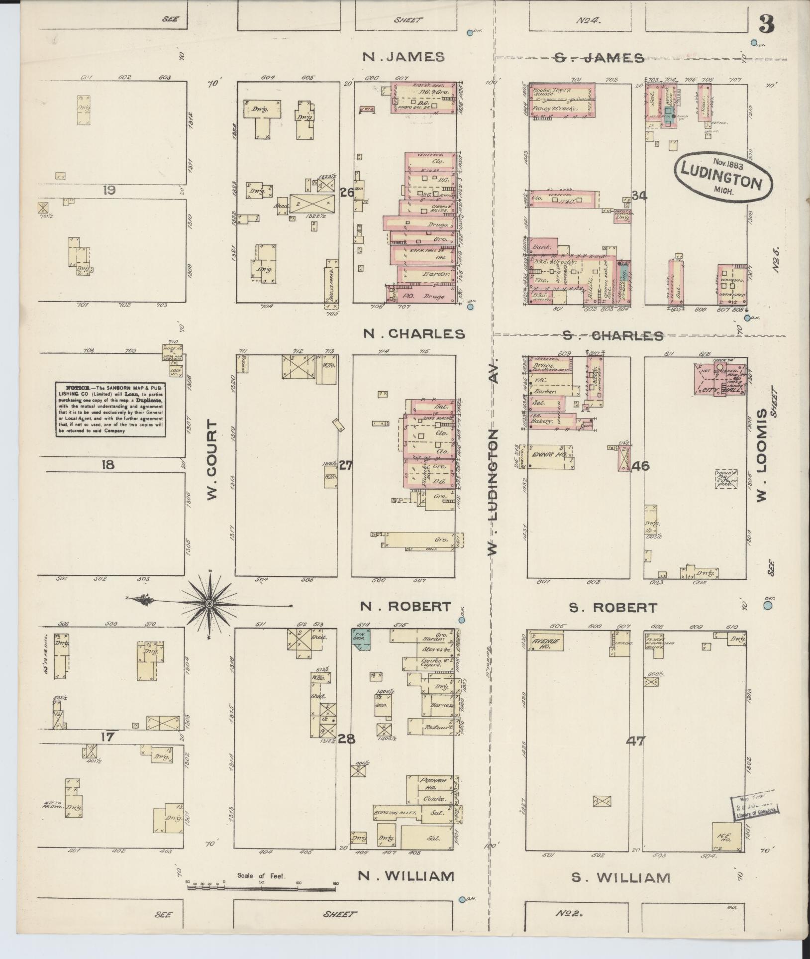 Sanborn Fire Insurance Map from Ludington, Mason County, Michigan (1883), Sheet #0003 - Historic Sanborn Fire Insurance Map Print, vintage old map wall art, antique decor, genealogy gift, Michigan Michigan map