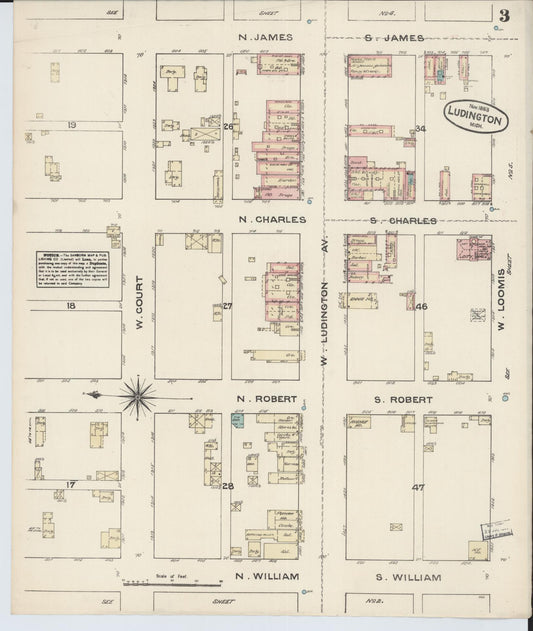 Sanborn Fire Insurance Map from Ludington, Mason County, Michigan (1883), Sheet #0003 - Historic Sanborn Fire Insurance Map Print, vintage old map wall art, antique decor, genealogy gift, Michigan Michigan map
