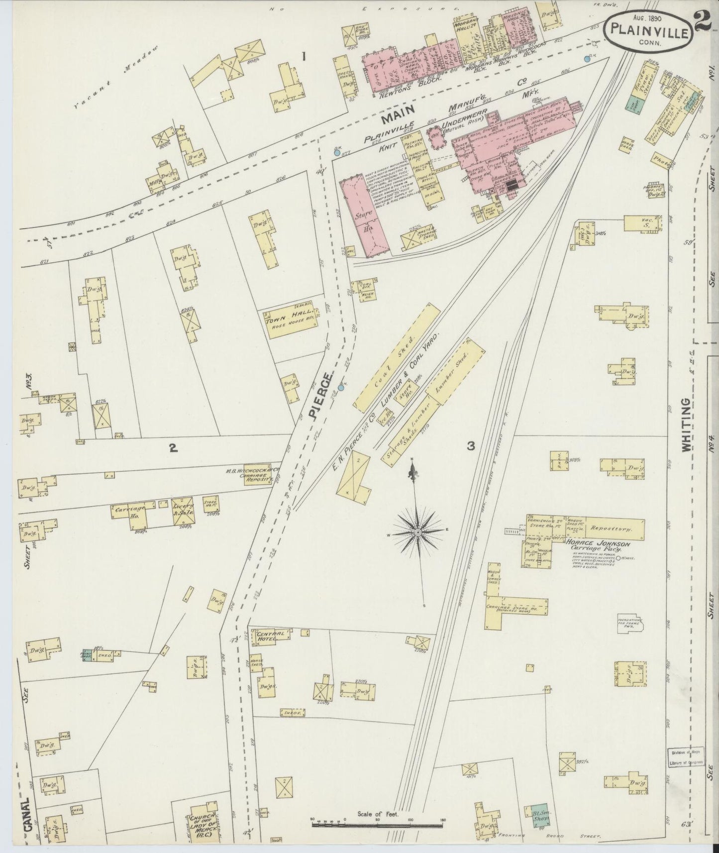 Sanborn Fire Insurance Map from Plainville, Hartford County, Connecticut (1890), Sheet #0002 - Historic Sanborn Fire Insurance Map Print, vintage old map wall art, antique decor, genealogy gift, Connecticut Connecticut map