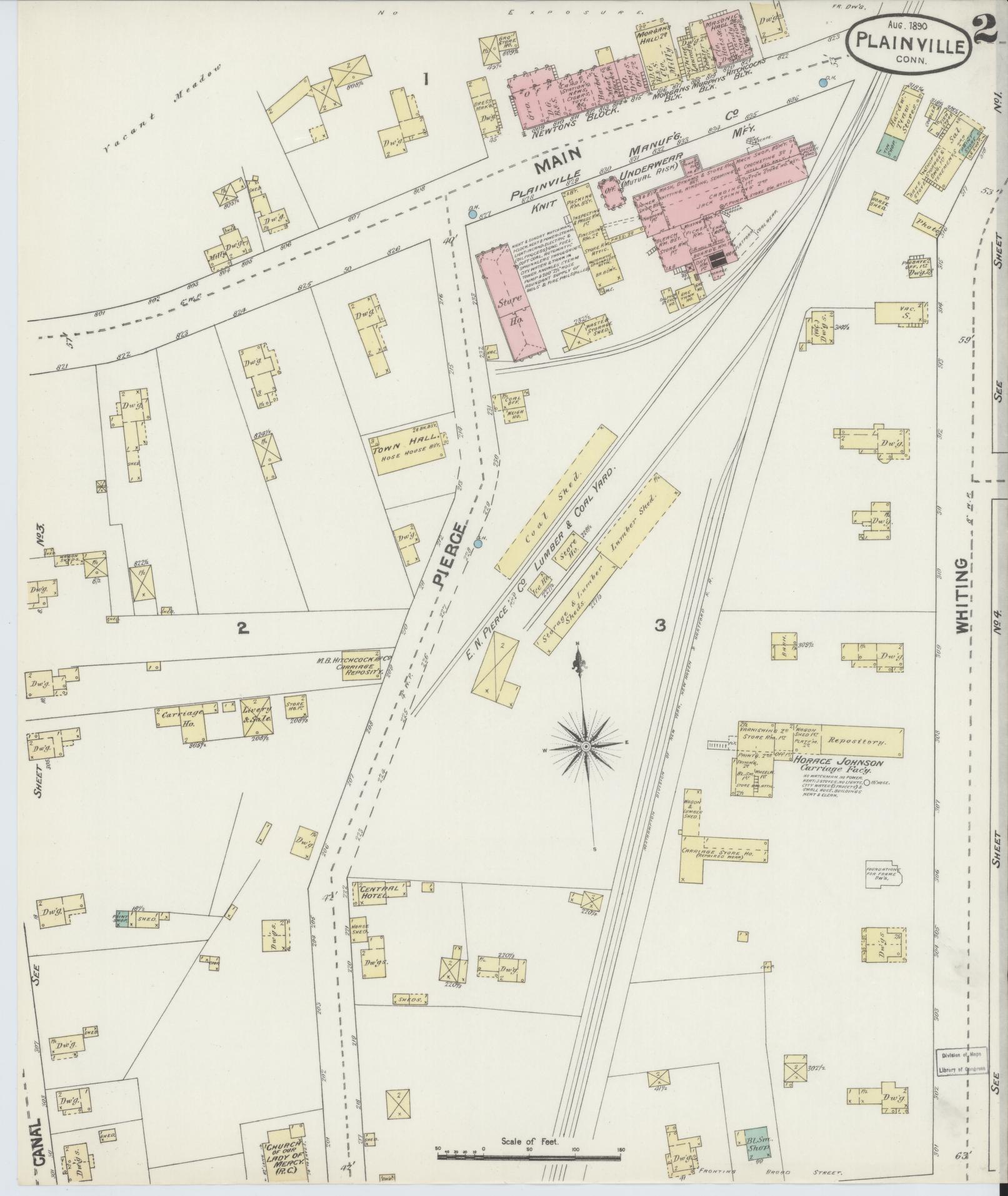 Sanborn Fire Insurance Map from Plainville, Hartford County, Connecticut (1890), Sheet #0002 - Historic Sanborn Fire Insurance Map Print, vintage old map wall art, antique decor, genealogy gift, Connecticut Connecticut map