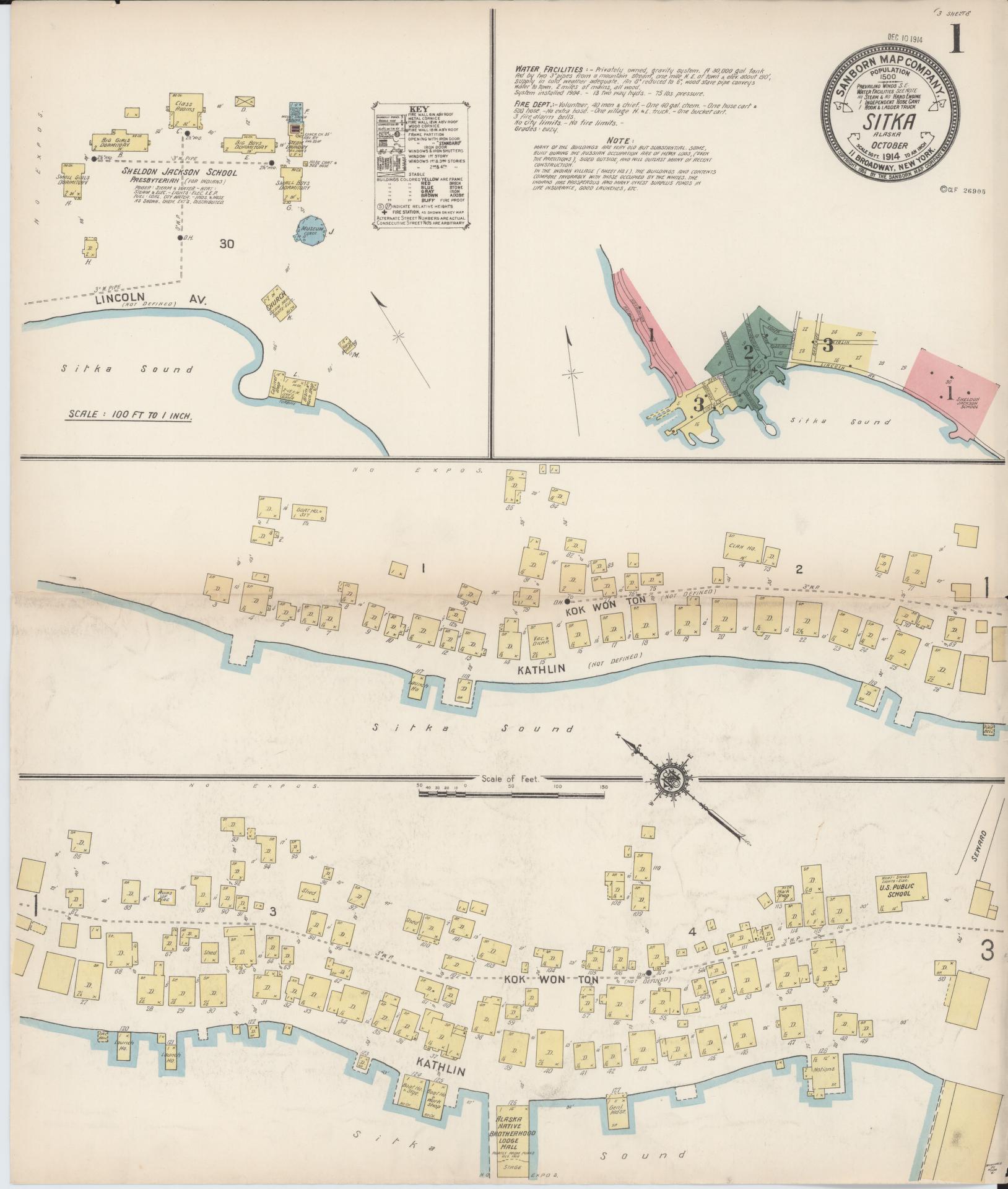 Sanborn Fire Insurance Map from Sitka, Sitka Census Division, Alaska (1914), Sheet #0001 - Historic Sanborn Fire Insurance Map Print, vintage old map wall art, antique decor, genealogy gift, Alaska Alaska map