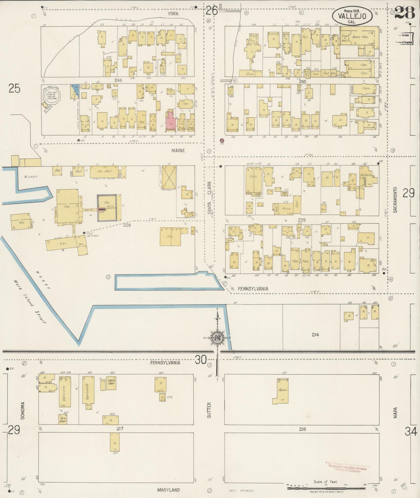 Sanborn Fire Insurance Map from Vallejo, Solano County, California (1919), Sheet #0028 - Complete Map Set gallery image, historic Sanborn map, vintage wall art, California California