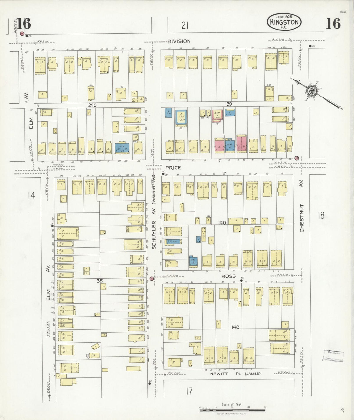 Sanborn Fire Insurance Map from Kingston, Luzerne County, Pennsylvania (1925), Sheet #0016 - Historic Sanborn Fire Insurance Map Print, vintage old map wall art, antique decor, genealogy gift, Pennsylvania Pennsylvania map