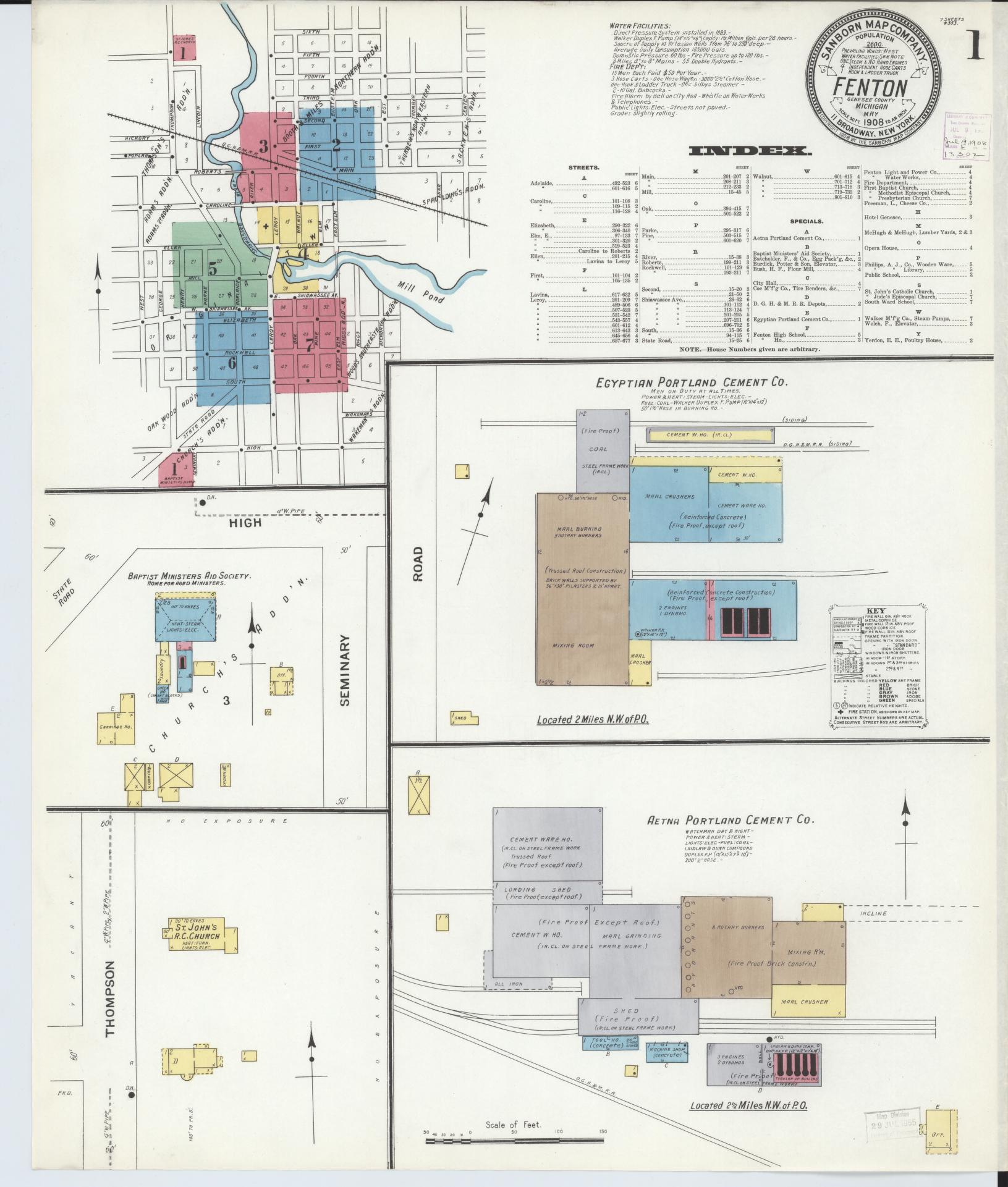 Sanborn Fire Insurance Map from Fenton, Genesee County, Michigan (1908), Sheet #0001 - Historic Sanborn Fire Insurance Map Print, vintage old map wall art, antique decor, genealogy gift, Michigan Michigan map
