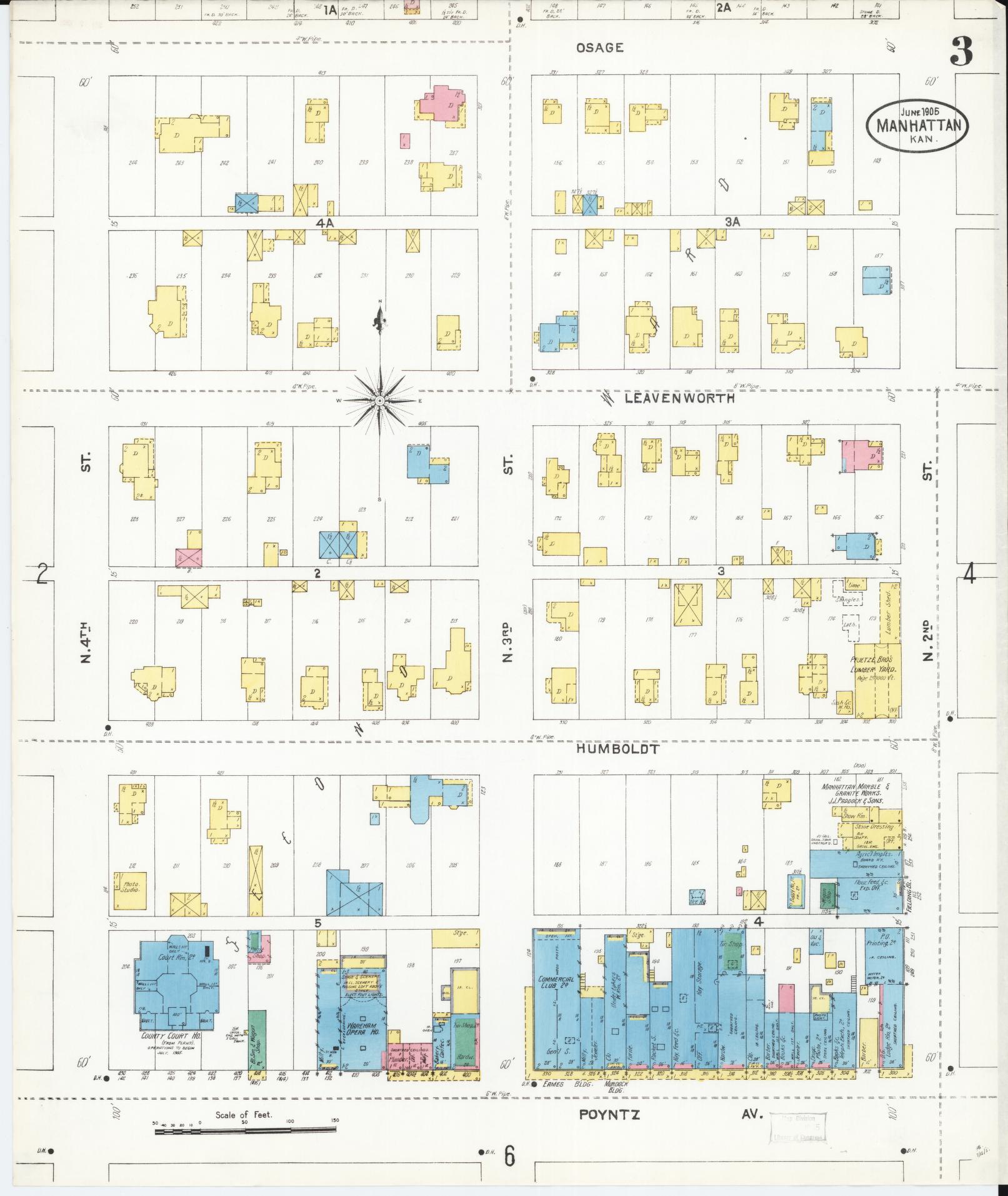 Sanborn Fire Insurance Map from Manhattan, Riley County, Kansas (1905), Sheet #0003 - Complete Map Set gallery image, historic Sanborn map, vintage wall art, Kansas Kansas