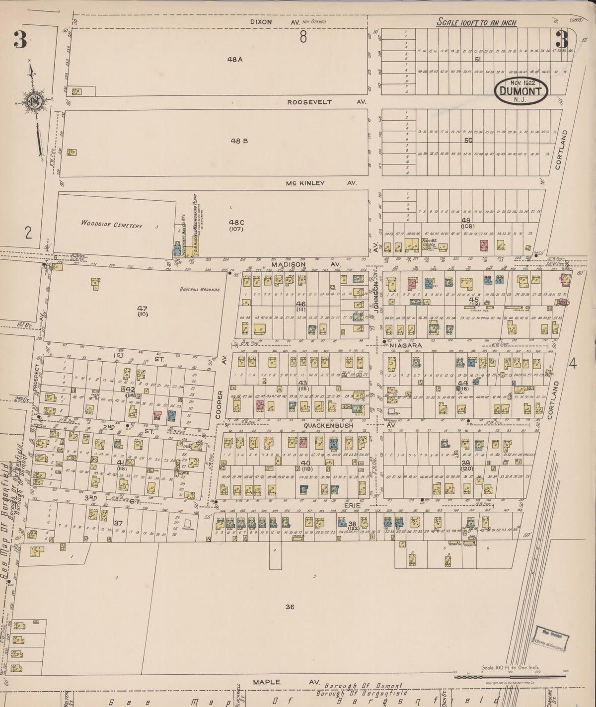 Sanborn Fire Insurance Map from Dumont, Bergen County, New Jersey (1922), Sheet #0003 - Historic Sanborn Fire Insurance Map Print, vintage old map wall art, antique decor, genealogy gift, New Jersey New Jersey map