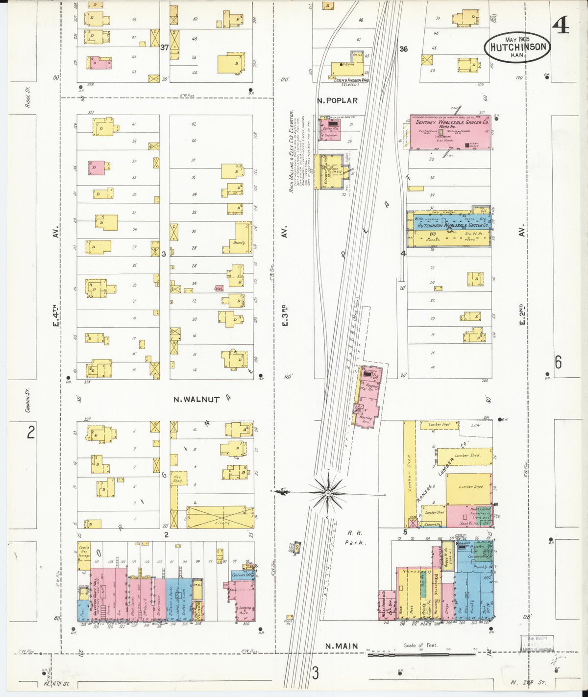 Sanborn Fire Insurance Map from Hutchinson, Reno County, Kansas (1905), Sheet #0004 - Historic Sanborn Fire Insurance Map Print, vintage old map wall art, antique decor, genealogy gift, Kansas Kansas map
