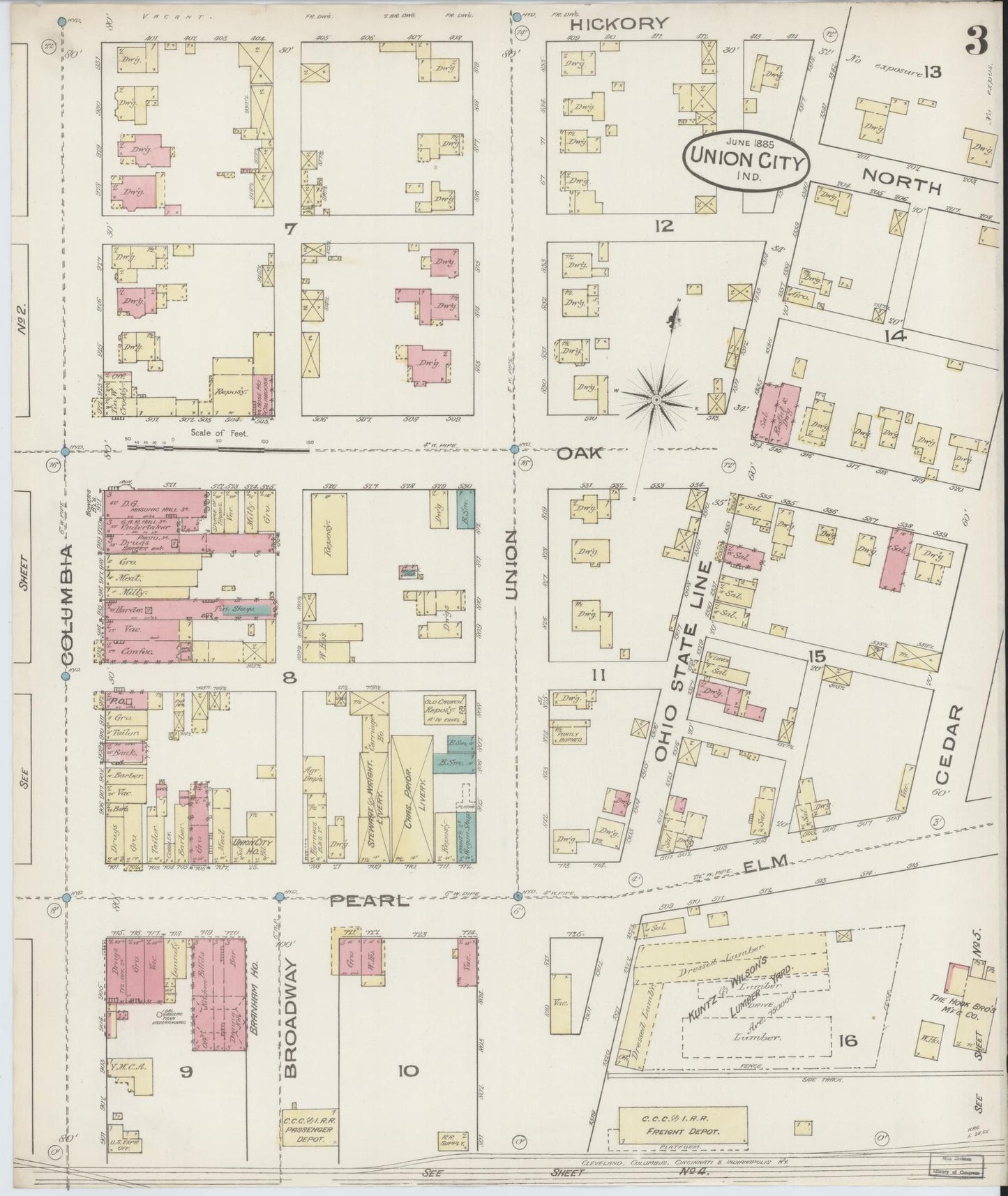 Sanborn Fire Insurance Map from Union City, Randolph County, Indiana (1885), Sheet #0003 - Complete Map Set gallery image, historic Sanborn map, vintage wall art, Indiana Indiana