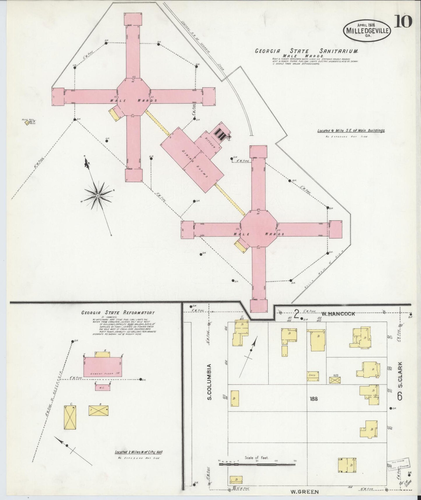 Sanborn Fire Insurance Map from Milledgeville, Baldwin County, Georgia (1908), Sheet #0010 - Historic Sanborn Fire Insurance Map Print, vintage old map wall art, antique decor, genealogy gift, Georgia Georgia map
