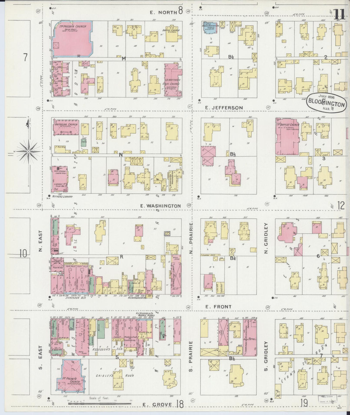 Sanborn Fire Insurance Map from Bloomington, McLean County, Illinois (1896), Sheet #0011 - Complete Map Set gallery image, historic Sanborn map, vintage wall art, Illinois Illinois