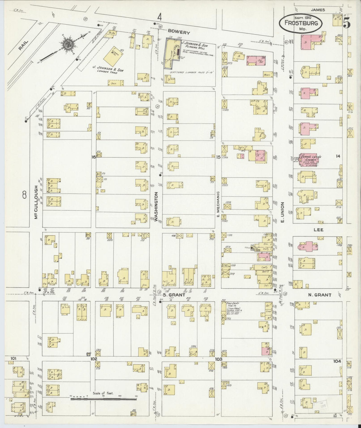 Sanborn Fire Insurance Map from Frostburg, Allegany County, Maryland (1910), Sheet #0005 - Historic Sanborn Fire Insurance Map Print, vintage old map wall art, antique decor, genealogy gift, Maryland Maryland map