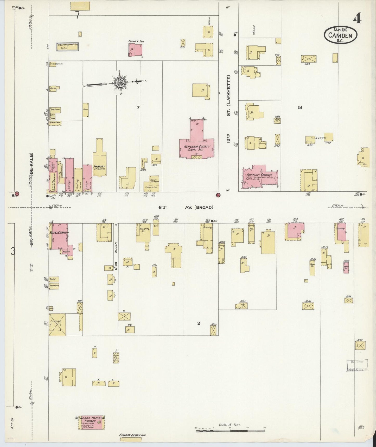 Sanborn Fire Insurance Map from Camden, Kershaw County, South Carolina (1912), Sheet #0004 - Complete Map Set gallery image, historic Sanborn map, vintage wall art, South Carolina South Carolina