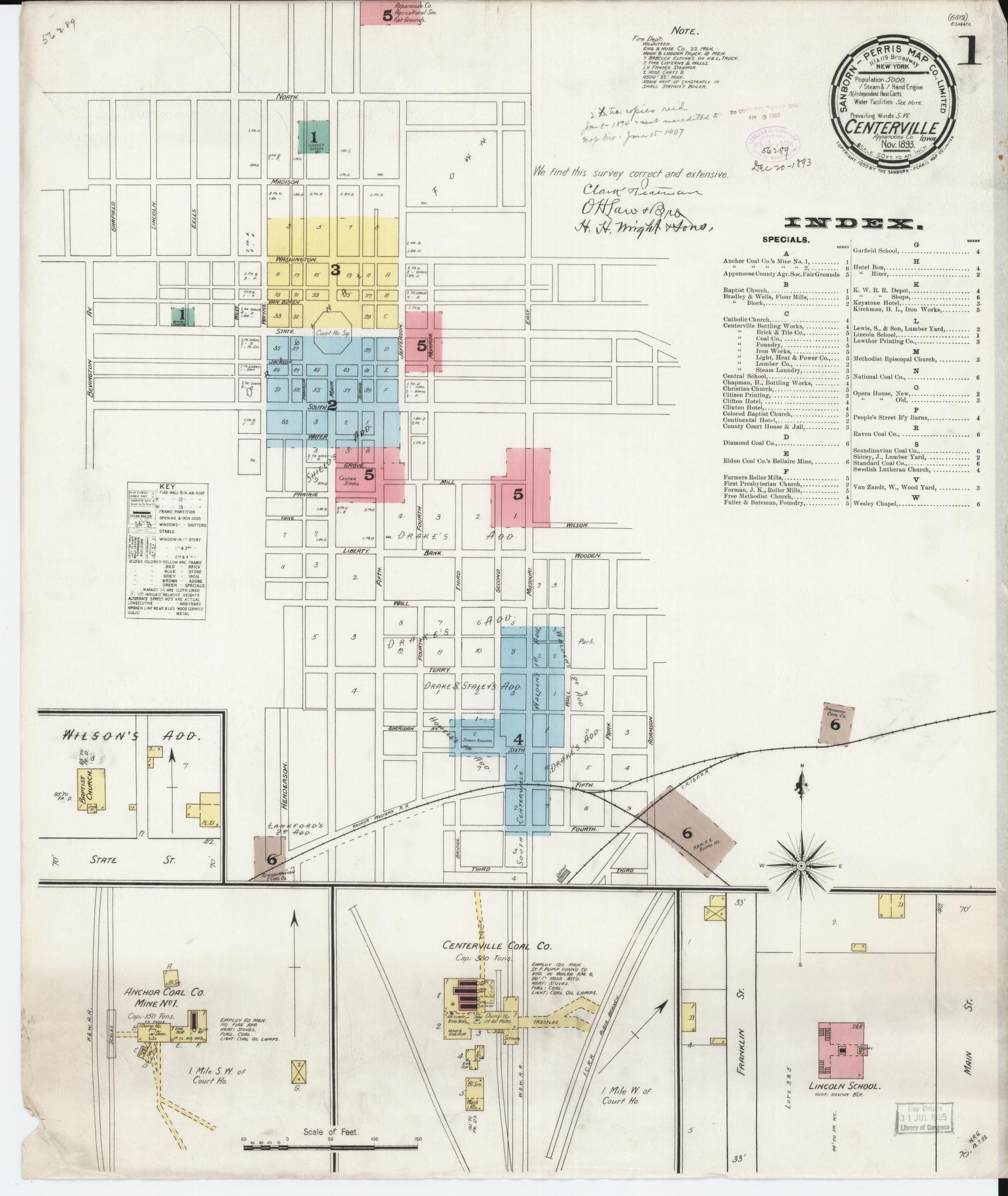 Sanborn Fire Insurance Map from Centerville, Appanoose County, Iowa (1893), Sheet #0001 - Historic Sanborn Fire Insurance Map Print, vintage old map wall art
