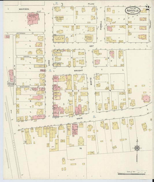 Sanborn Fire Insurance Map from Ashville, Pickaway County, Ohio (1916), Sheet #0002 - Historic Sanborn Fire Insurance Map Print, vintage old map wall art, antique decor, genealogy gift, Ohio Ohio map