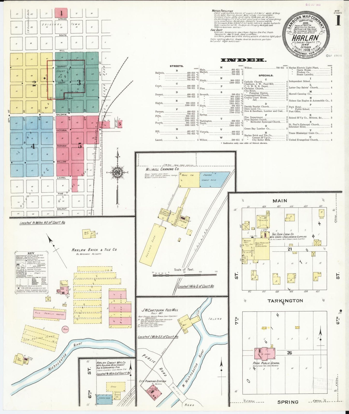 Sanborn Fire Insurance Map from Harlan, Shelby County, Iowa (1909), Sheet #0001 - Historic Sanborn Fire Insurance Map Print, vintage old map wall art