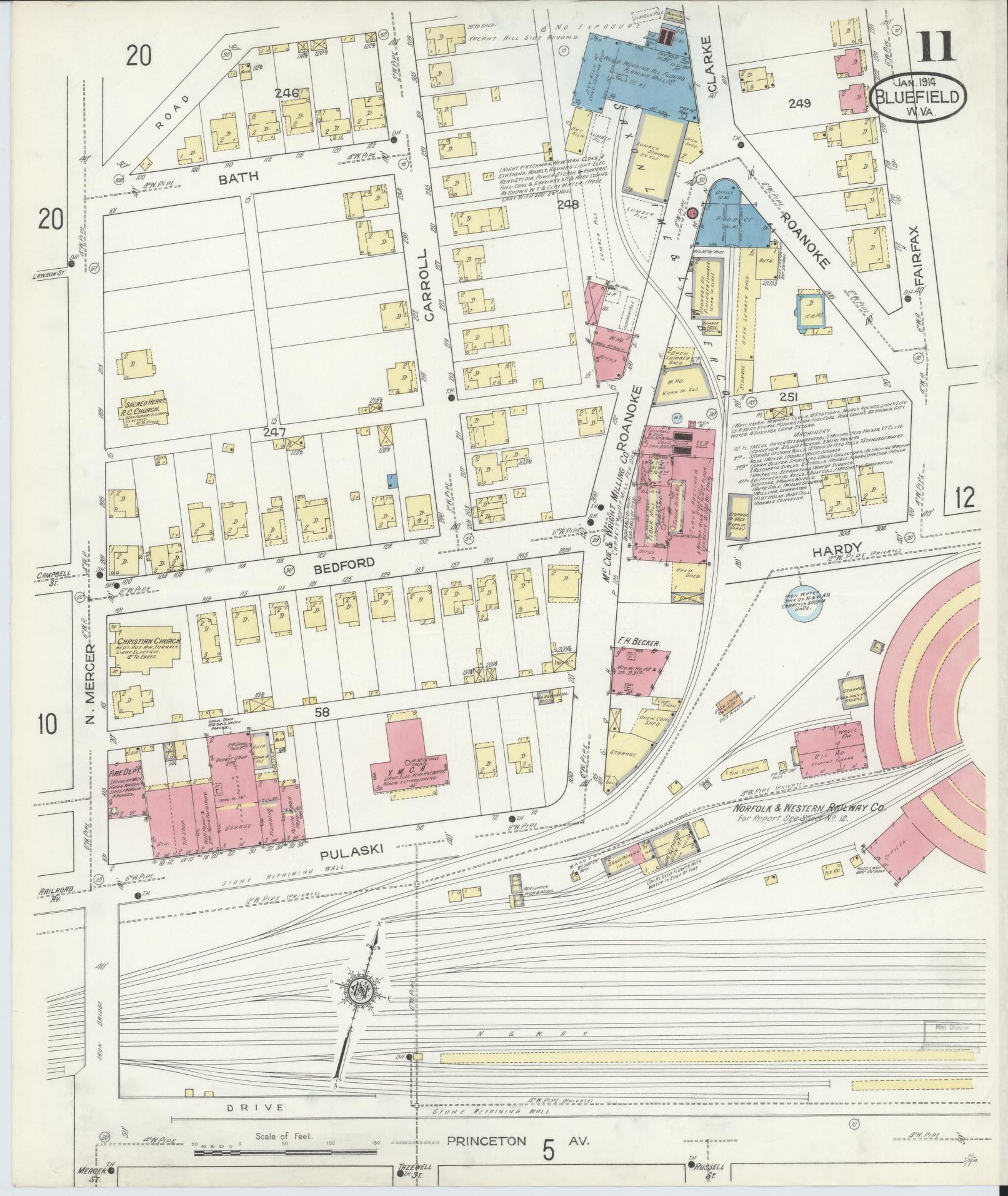 Sanborn Fire Insurance Map from Bluefield, Mercer County, West Virginia (1914), Sheet #0011 - Historic Sanborn Fire Insurance Map Print, vintage old map wall art, antique decor, genealogy gift, West Virginia West Virginia map