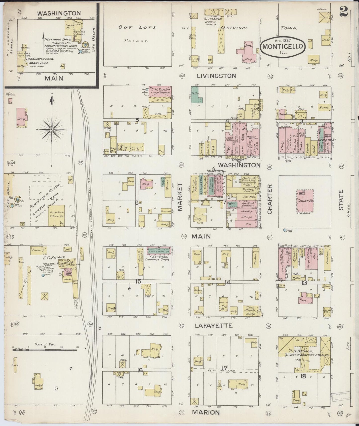 Sanborn Fire Insurance Map from Monticello, Piatt County, Illinois (1887), Sheet #0002 - Complete Map Set gallery image, historic Sanborn map, vintage wall art, Illinois Illinois