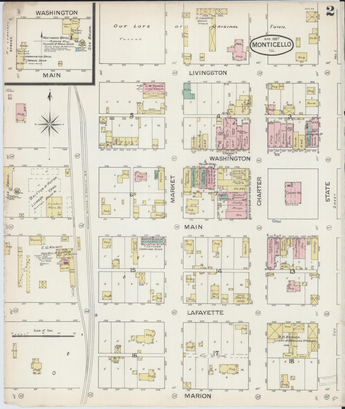Sanborn Fire Insurance Map from Monticello, Piatt County, Illinois (1887), Sheet #0002 - Complete Map Set gallery image, historic Sanborn map, vintage wall art, Illinois Illinois