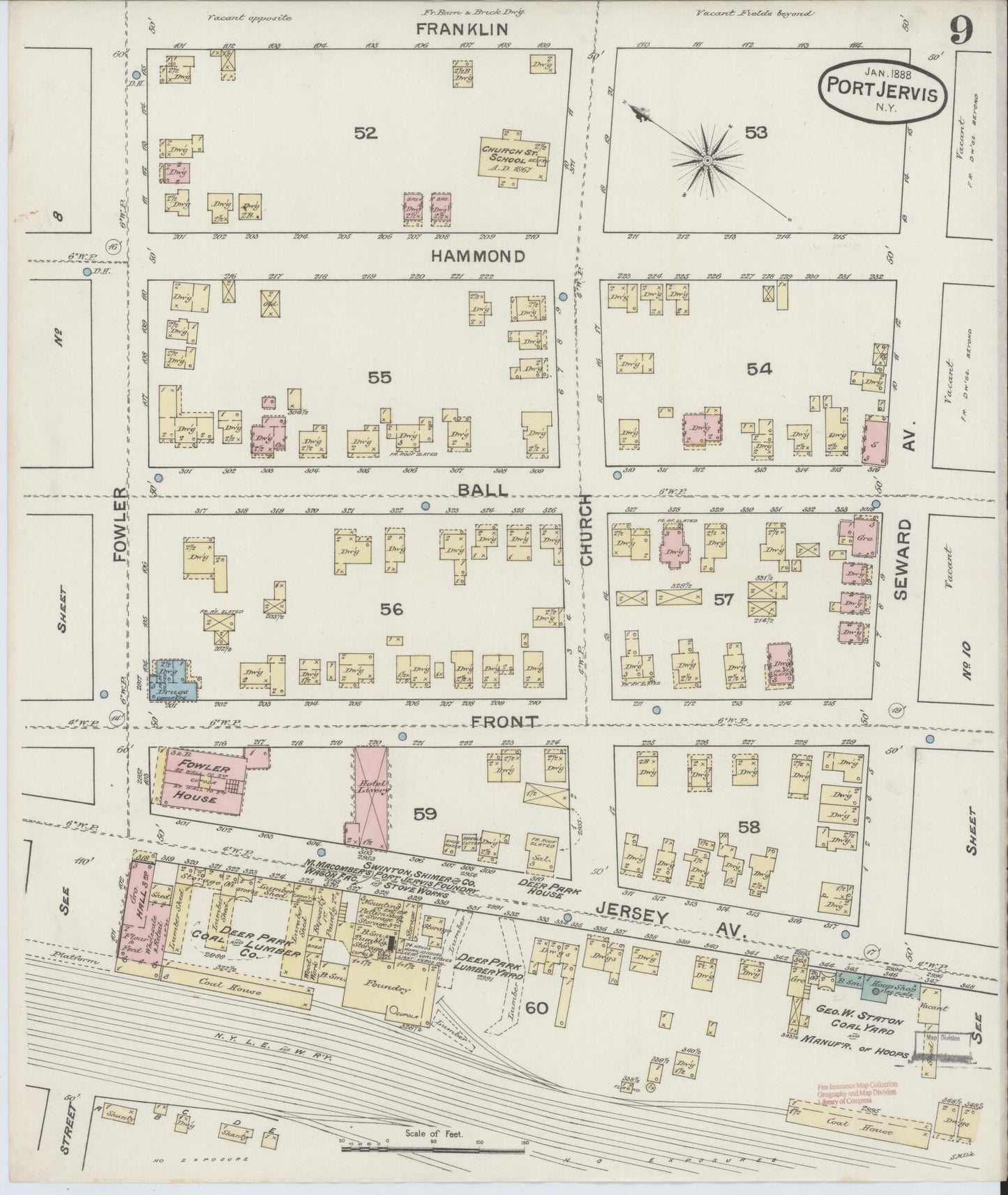 Sanborn Fire Insurance Map from Port Jervis, Orange County, New York (1888), Sheet #0009 - Complete Map Set gallery image, historic Sanborn map, vintage wall art, New York New York