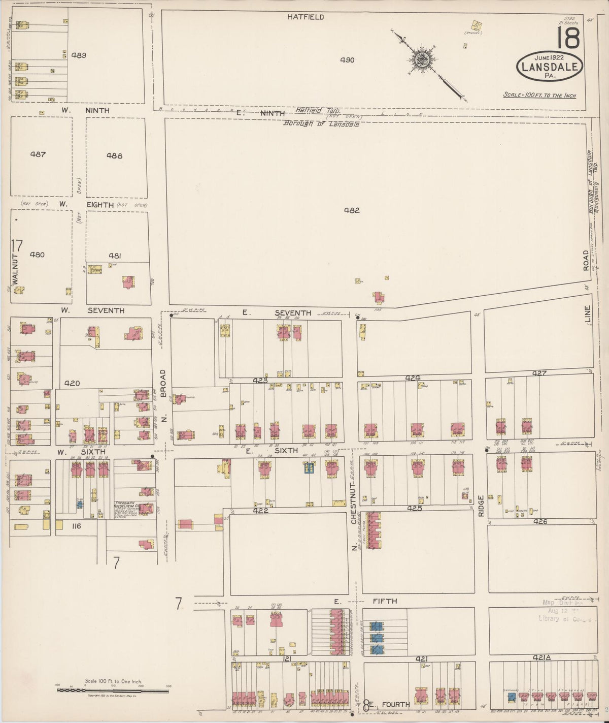 Sanborn Fire Insurance Map from Lansdale, Montgomery County, Pennsylvania (1922), Sheet #0018 - Historic Sanborn Fire Insurance Map Print, vintage old map wall art, antique decor, genealogy gift, Pennsylvania Pennsylvania map