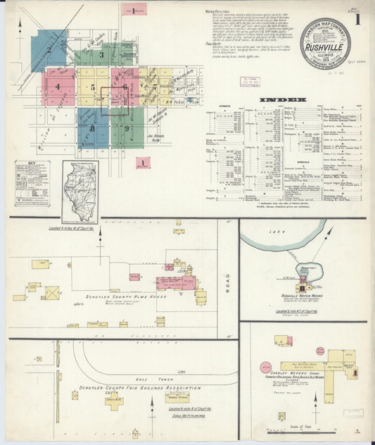 Sanborn Fire Insurance Map from Rushville, Schuyler County, Illinois (1913), Sheet #0001 - Historic Sanborn Fire Insurance Map Print, vintage old map wall art, antique decor, genealogy gift, Illinois Illinois map